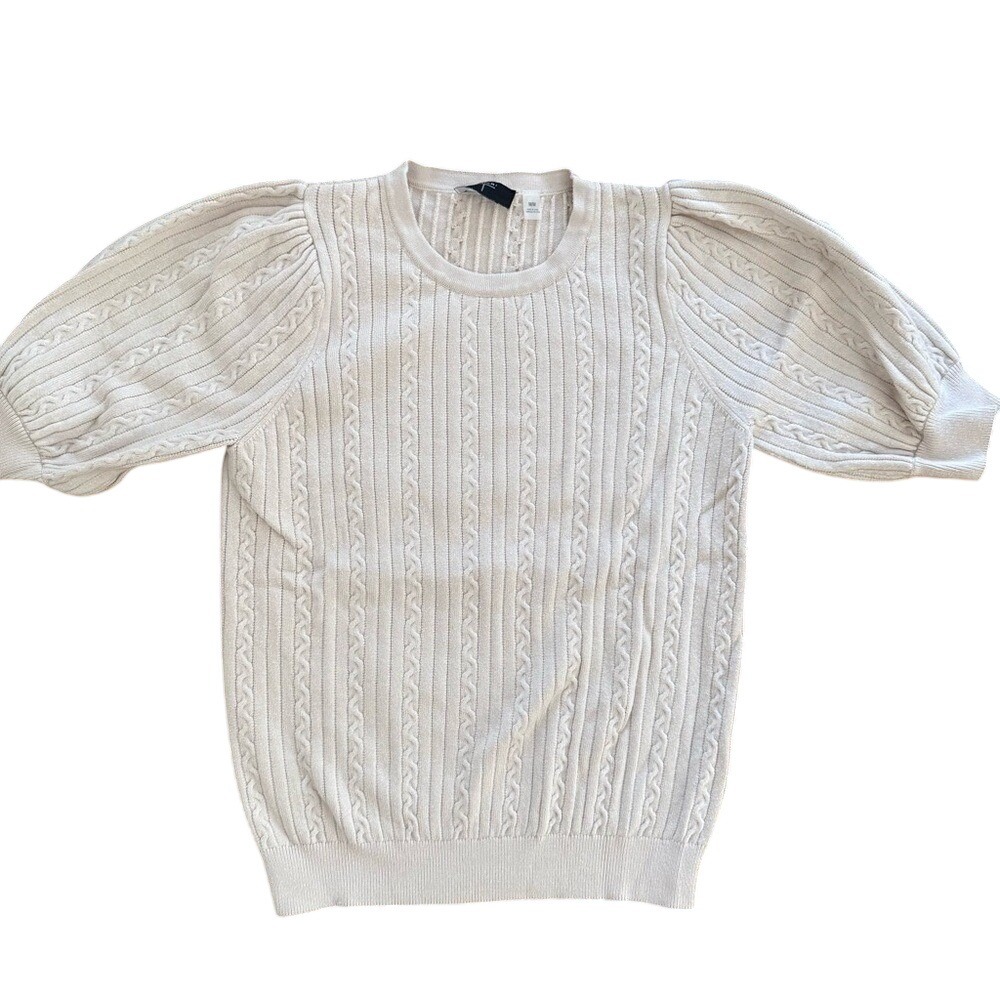 Elie Tahari Elegant Puff Short Sleeve Soft Cream Cable‎ Knit Sweater Medium EUC